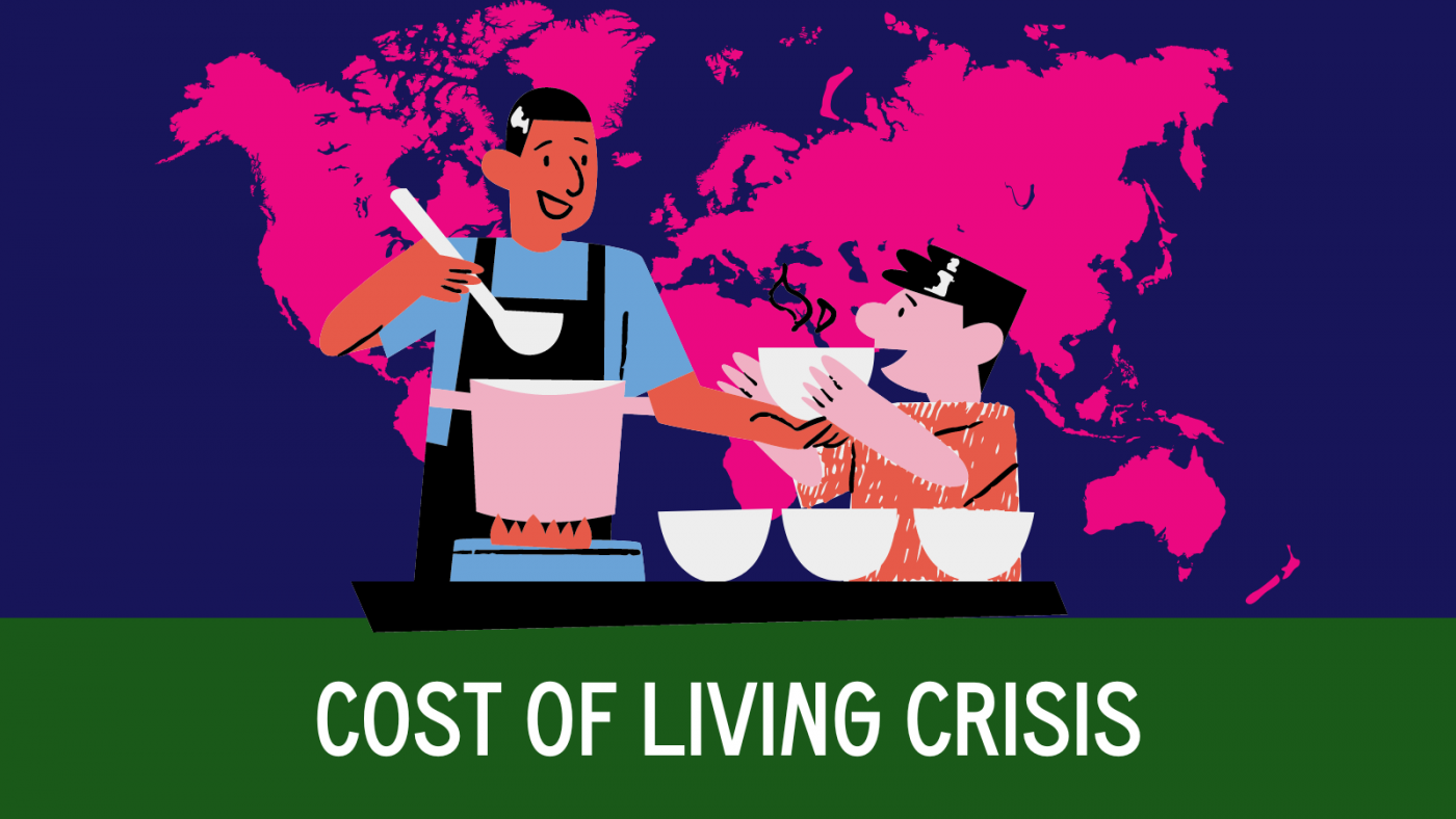 Cost of living crisis. Illustration of one person serving food to another person, with a world map behind them. 