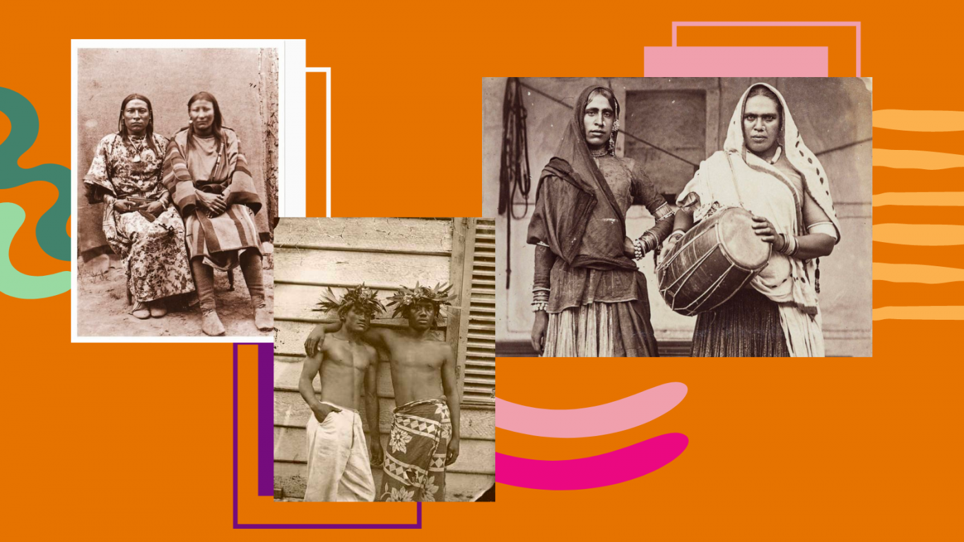 On an orange background, three black and white photos of two spirit, mahu and hijra communities overlapping each other. There are different shapes around them - a green squiggly line, two think curved pink lines, and six yellow lines. The photos also have boxes under the shapes. 