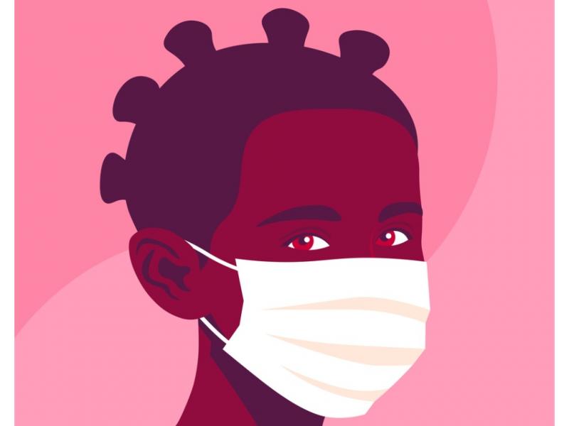 Article header for Exploring Grief and Race: Grief in the time of COVID. Black person with bantu knots and a COVID white mask, pink backdrop.