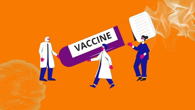 Orange background, with abstract white shapes on either corner of image. In the centre sits an illustration of three doctors wearing their uniform carrying a giant test tube with the label 'vaccine' written on the side.