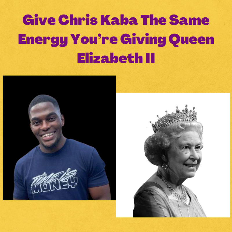 yellow background, black square with Chris Kaba in front, next to it is a white square with the Queen in front. On the top sits purple text.