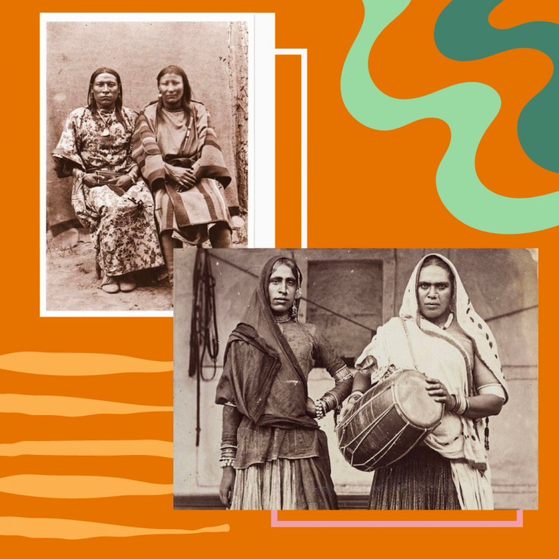 On an orange background, two black and white photos of two spirit people and hijras. There are large green squiggly lines on the top right hand corner. In the lefthand bottom corner are 5 yellow lines. Behind both photos are boxes - pink and white.- with a square outline. 