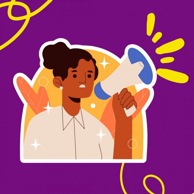 On a purple background, an illustration of a person with a white outline around it. They're holding a megaphone with yellow shapes around them. 