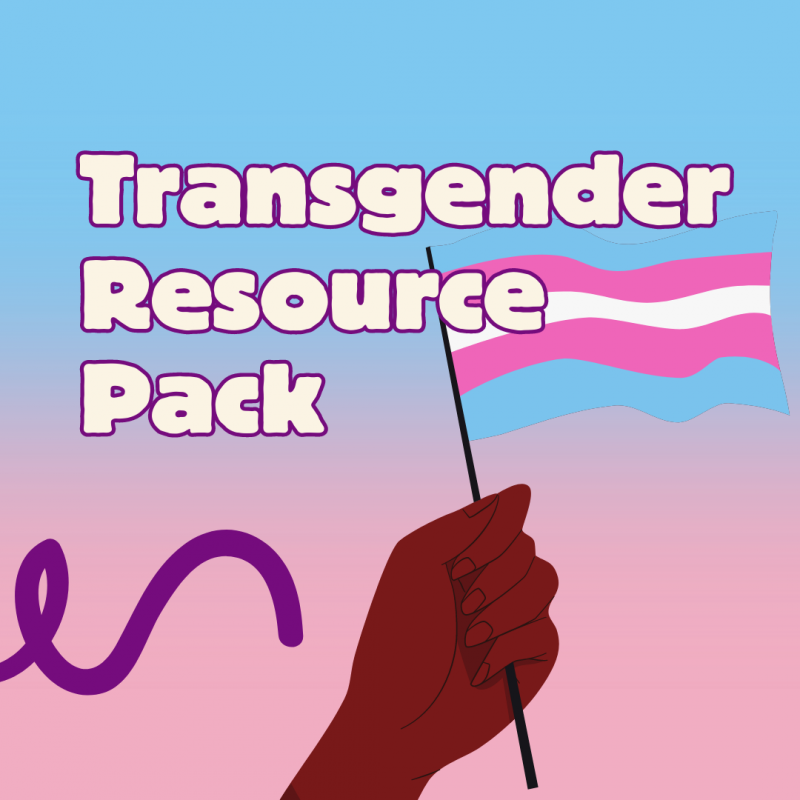 On a gradient blue to pink background reads 'Transgender Resource Pack' in bold text, outlined in purple. Below is a squiggly line in purple, and to the opposite is the arm of a person holding a trans flag. 