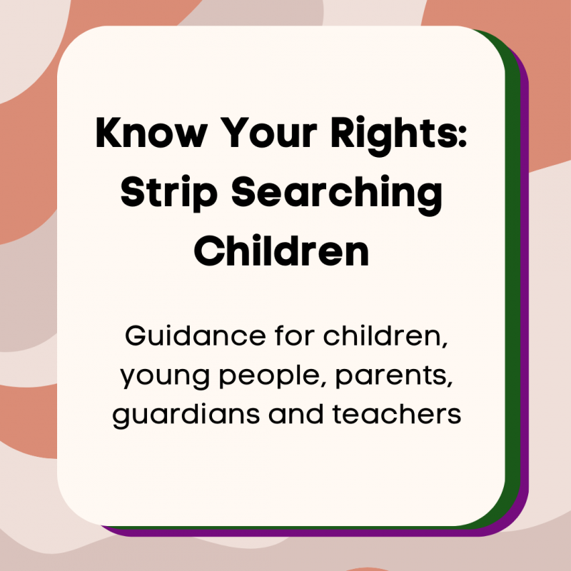 A stripe background with different shades of orange and beige. An off-white box, with green and purple shadow, reads: 'Know Your Rights: Strip Searching Children'. An illustration of five fists and protests signs raised. Below it says 'Guidance for children, parents, guardians and teachers.' 